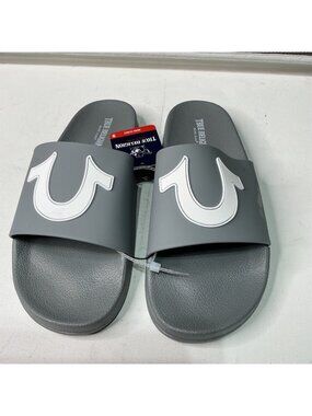 True Religion Mens Slides Gray Logo Size 9 Casual Slip-On Sandals